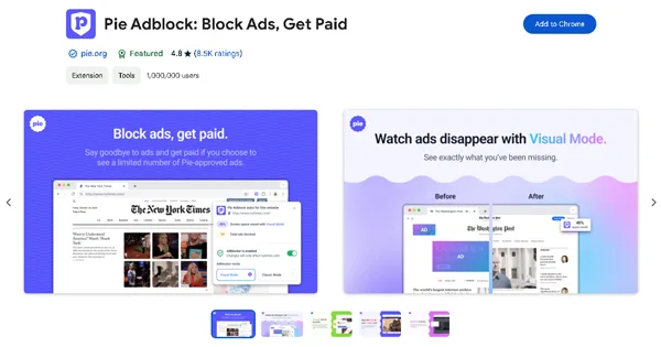 Install the Pie Adblocker extension in Chrome and receive money for each ad displayed while browsing online