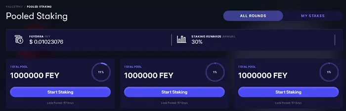 You'll earn crypto rewards by staking your Fey tokens directly through FaucetPay's staking system