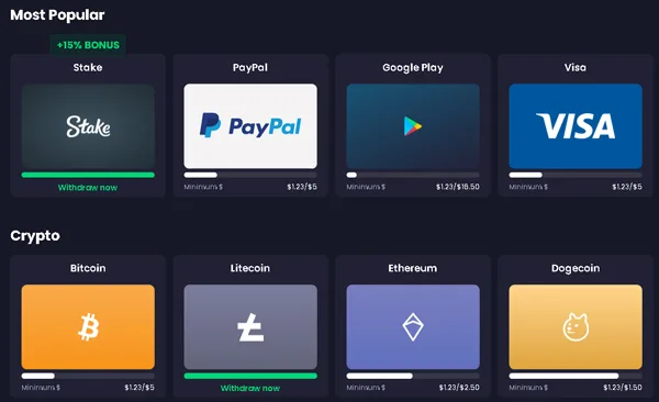 FreeCash sends money directly to PayPal or crypto, choosing between Bitcoin, Dogecoin, Ethereum or Litecoin