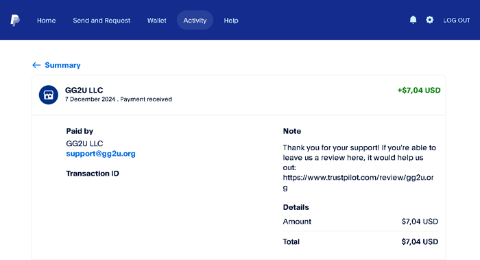GG2U payment proof in PayPal