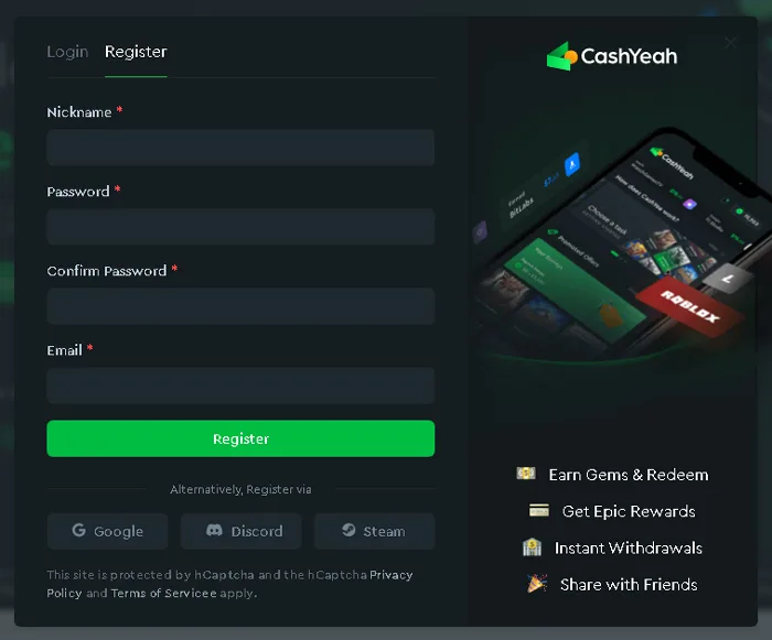 CashYeah platform lets you log in with your Google, Discord or Steam account to earn money by completing surveys and social tasks