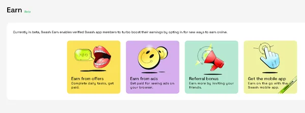 Swash dashboard rewards interface showing available paid offers and tasks