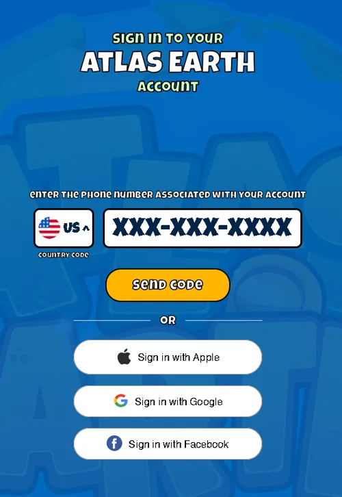 Atlas Earth mobile game login screen showing social media sign up options