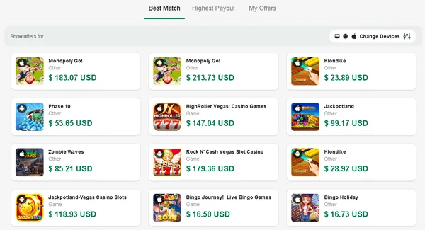 Offers and mobile games with guaranteed cash rewards