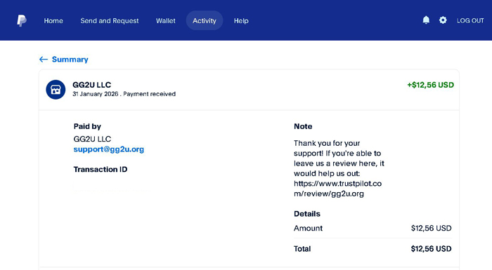 GG2U payment proof received in PayPal on January 2026