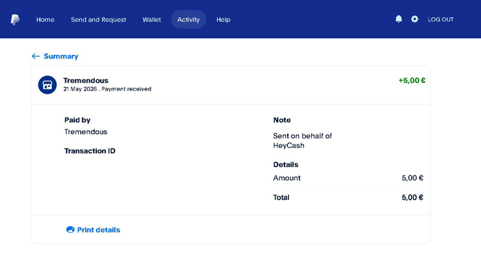 HeyCash payment received in PayPal on May 21, 2026