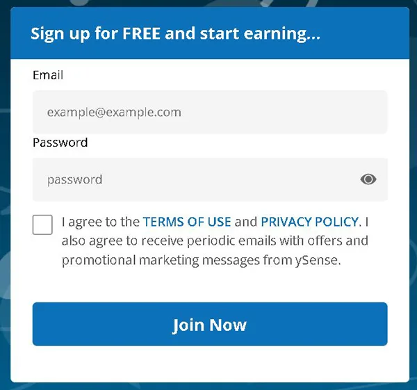 ysense sign up form