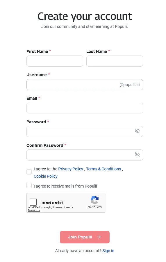 Populii sign up form