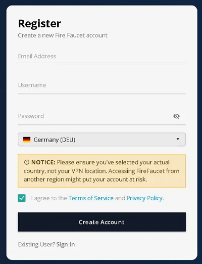 FireFaucet sign up